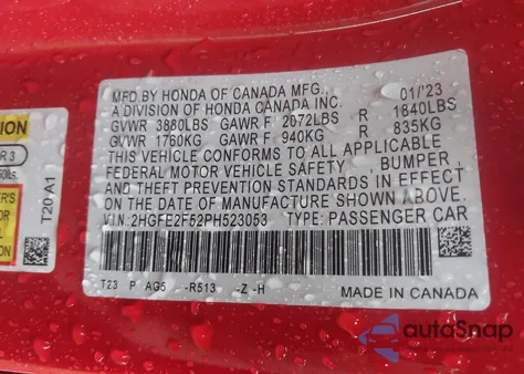 2023 Honda Civic Sport z USA, uszkodzony, nr VIN 2HGFE2F52PH523053